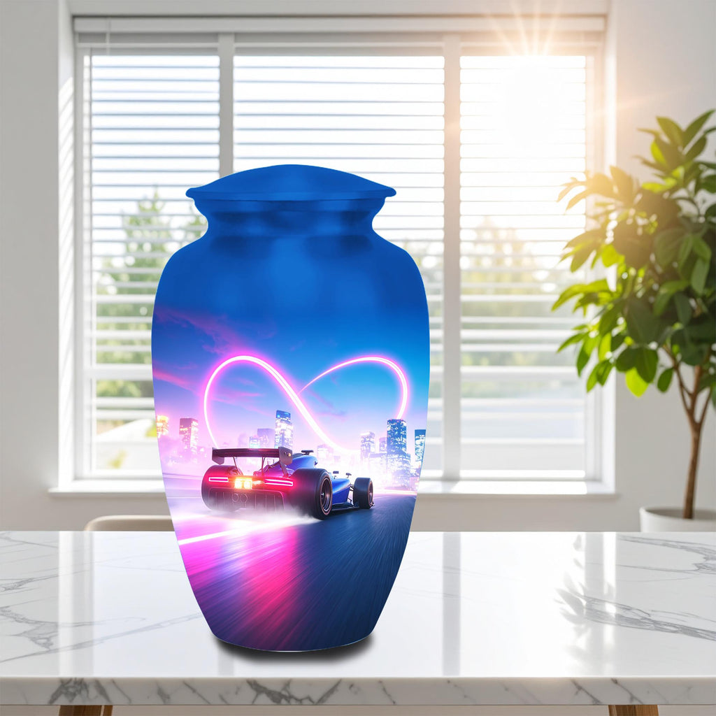 blue racing car cremation urn for human ashes, handmade aluminum memorial urn – photo 3