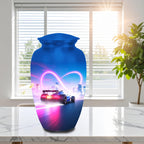 blue racing car cremation urn for human ashes, handmade aluminum memorial urn – photo 3