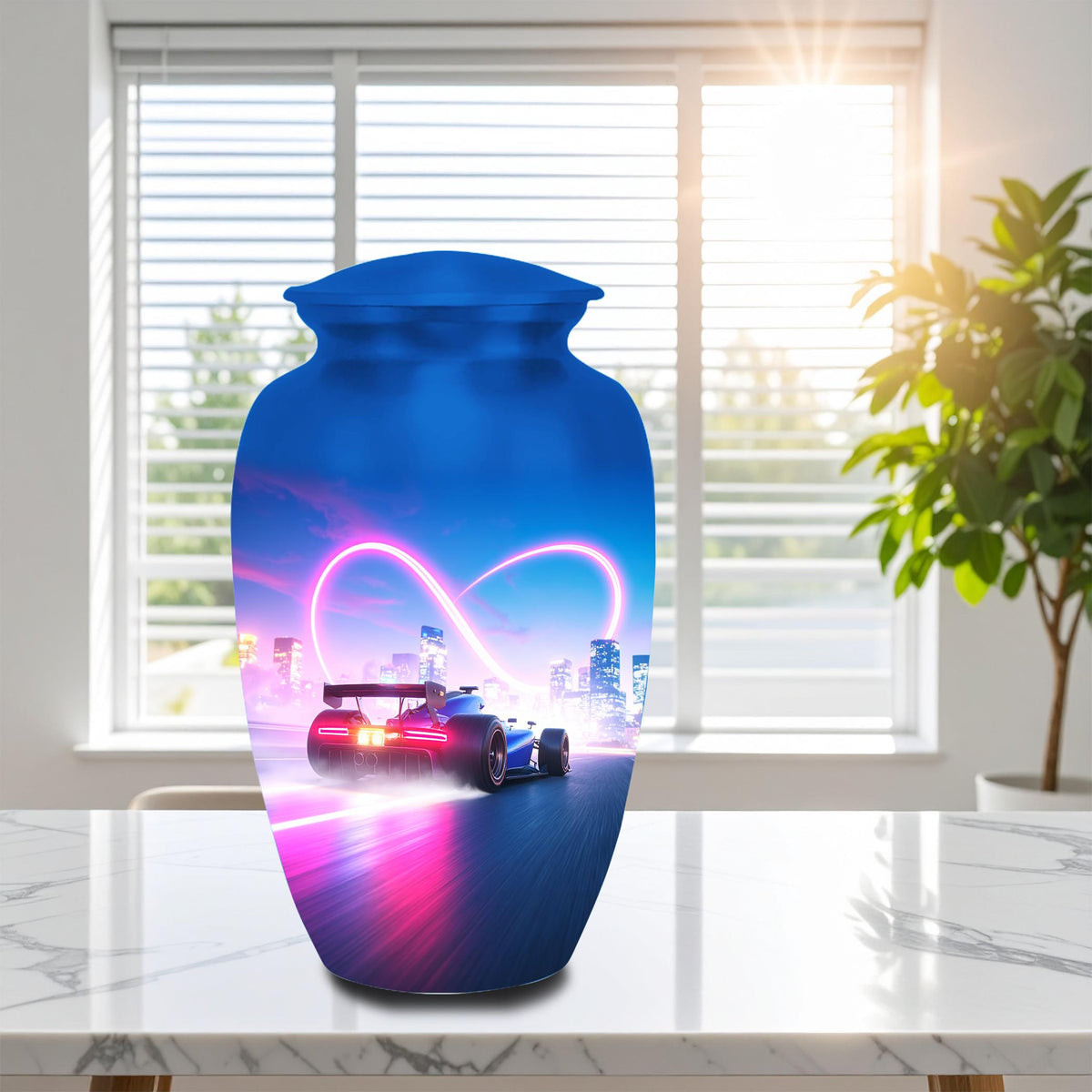 blue racing car cremation urn for human ashes, handmade aluminum memorial urn – photo 3