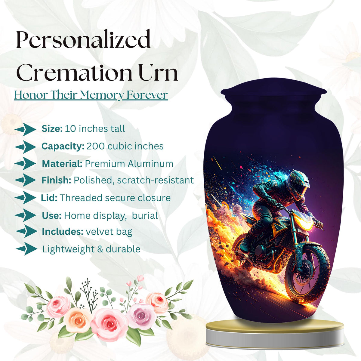 neon fire motorcycle cremation urn for human ashes, handmade aluminum memorial urn – photo 3