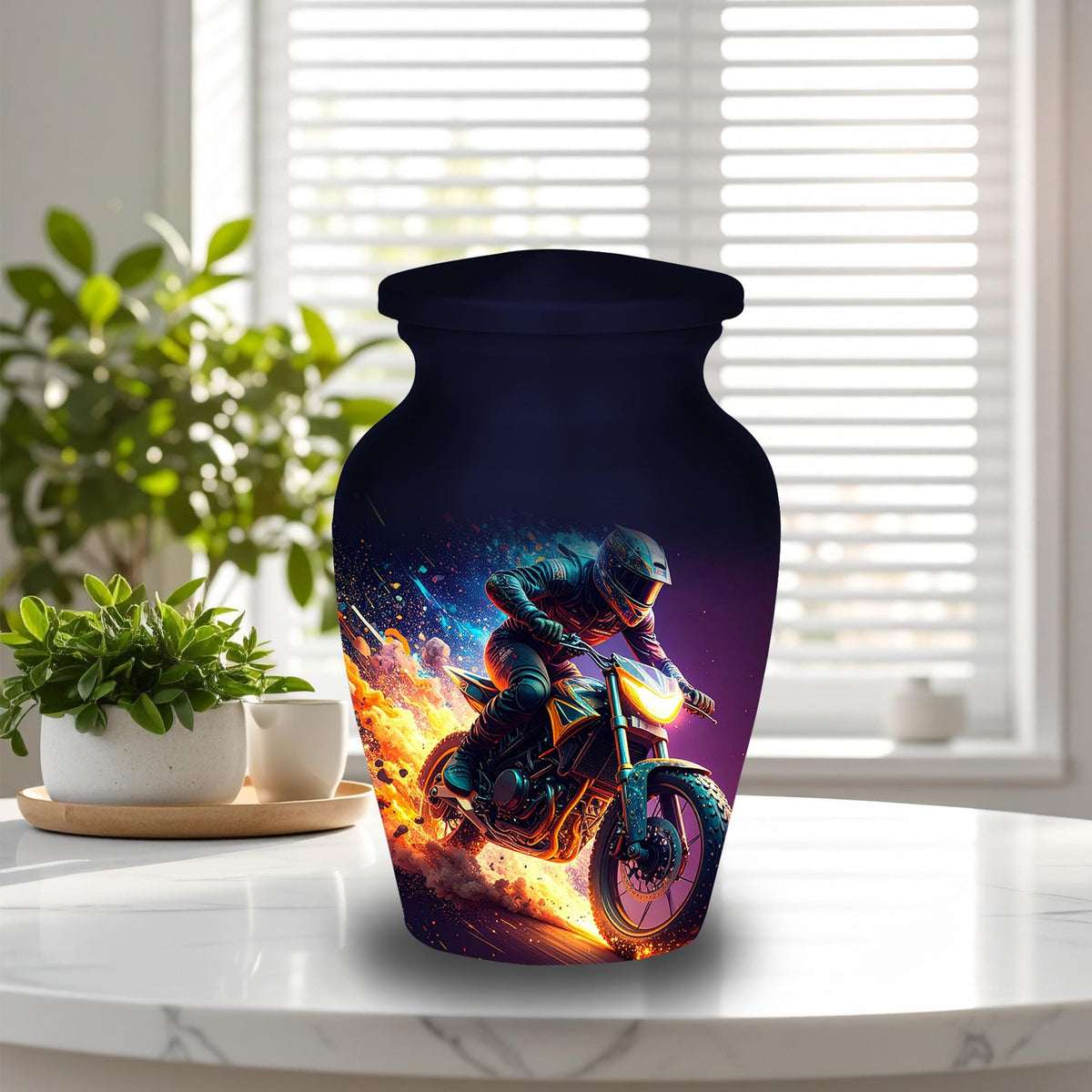 neon fire motorcycle cremation urn for human ashes, handmade aluminum memorial urn – photo 6