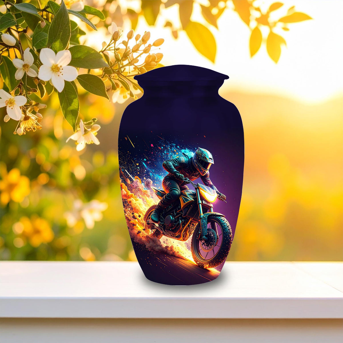 neon fire motorcycle cremation urn for human ashes, handmade aluminum memorial urn – photo 4