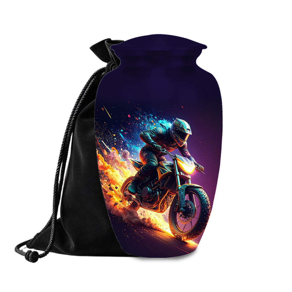 neon fire motorcycle cremation urn for human ashes, handmade aluminum memorial urn – photo 2