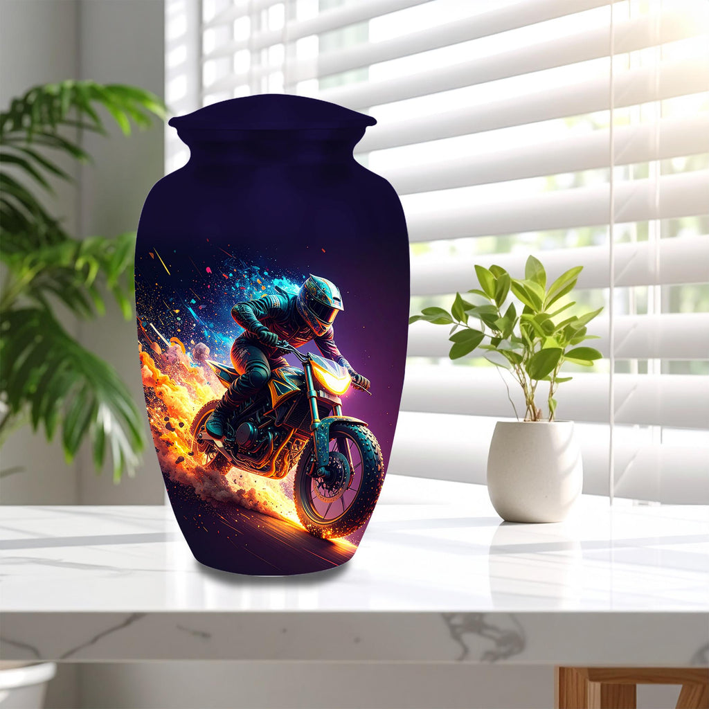 neon fire motorcycle cremation urn for human ashes, handmade aluminum memorial urn – photo 5