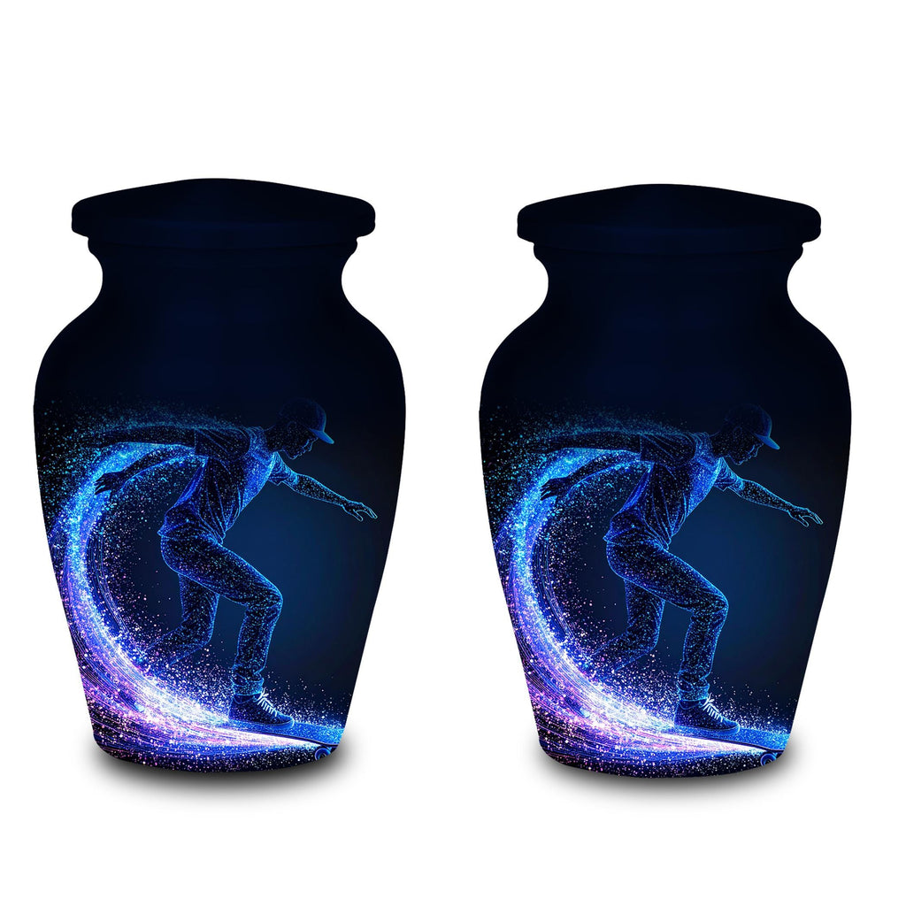 blue neon skateboard cremation urn for human ashes, handmade aluminum memorial urn – photo 7