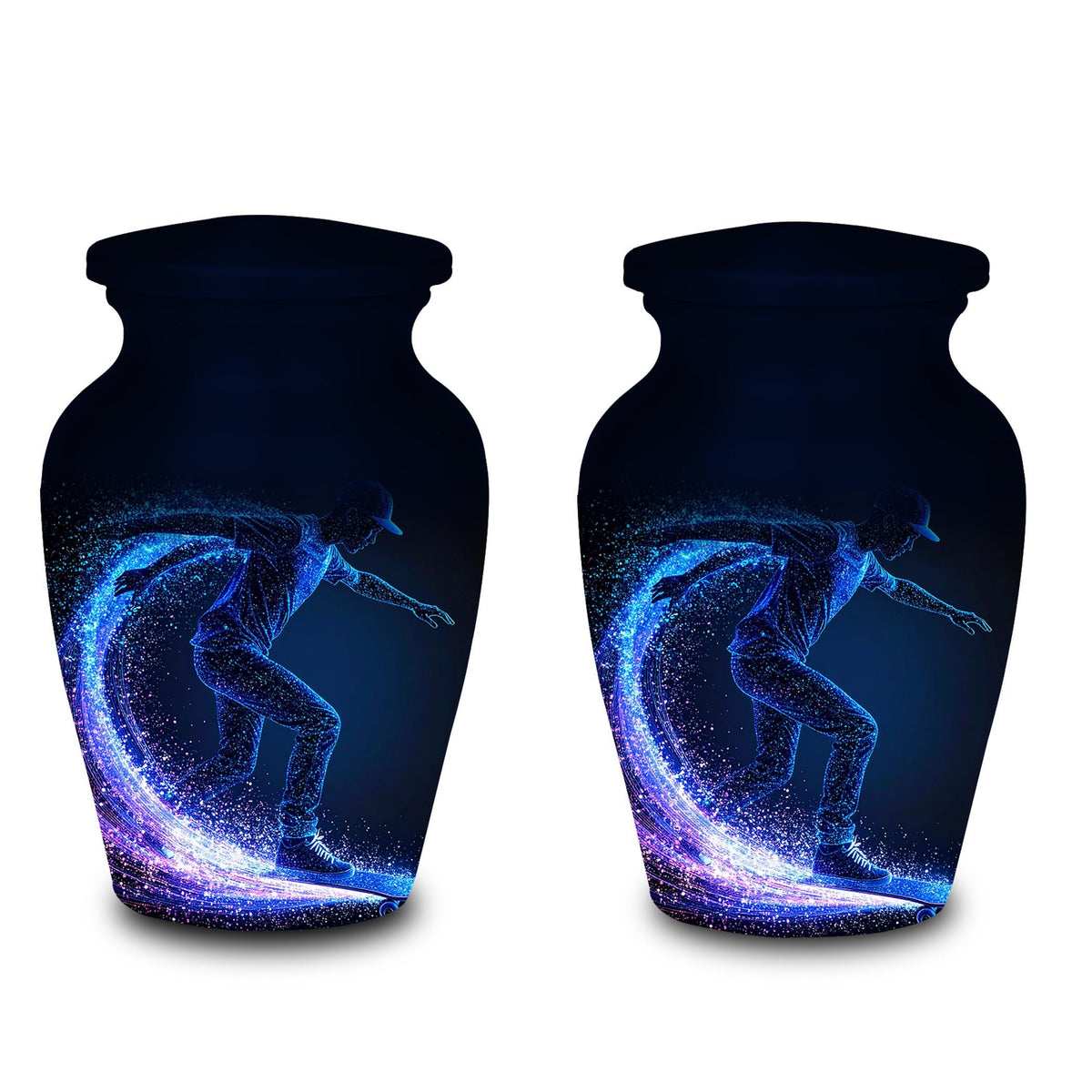 blue neon skateboard cremation urn for human ashes, handmade aluminum memorial urn – photo 7