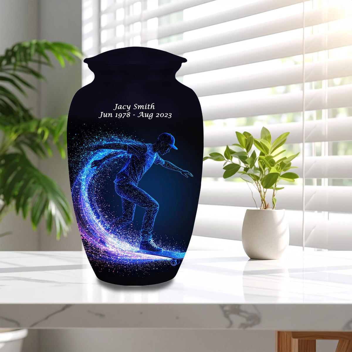 blue neon skateboard cremation urn for human ashes, handmade aluminum memorial urn – photo 8