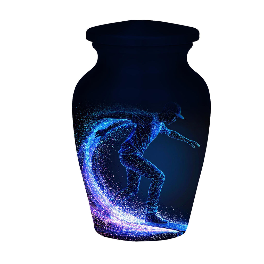 blue neon skateboard cremation urn for human ashes, handmade aluminum memorial urn – photo 5