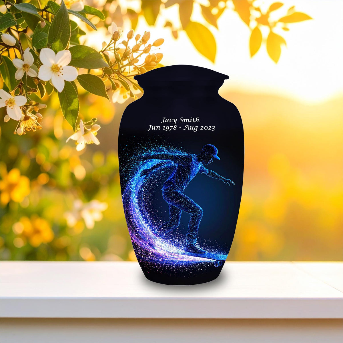 blue neon skateboard cremation urn for human ashes, handmade aluminum memorial urn – photo 3