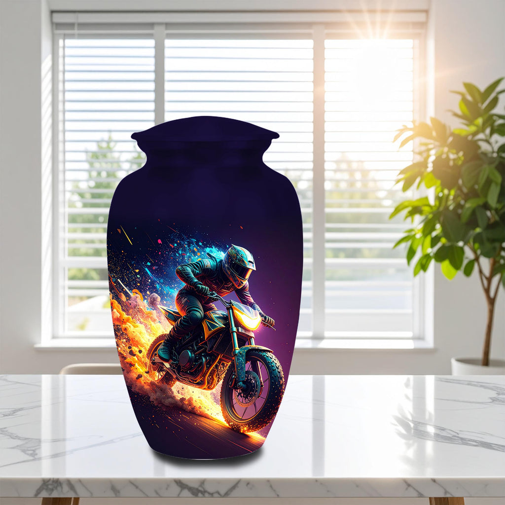 neon fire motorcycle cremation urn for human ashes, handmade aluminum memorial urn – photo 1