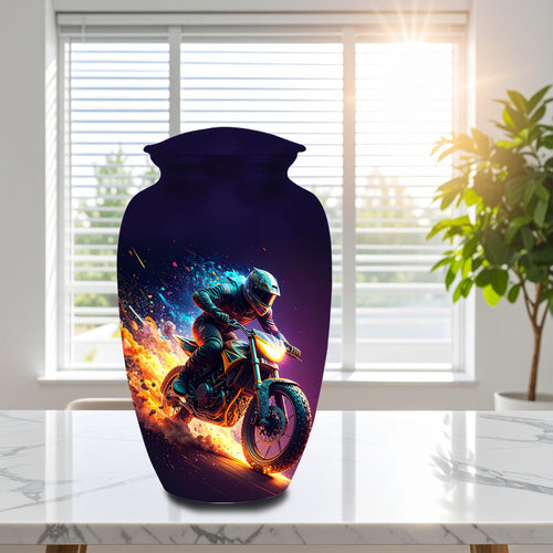 neon fire motorcycle cremation urn for human ashes, handmade aluminum memorial urn – photo 1