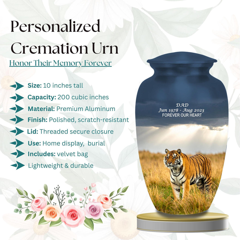 tiger wildlife cremation urn for human ashes, handmade aluminum memorial urn – photo 2