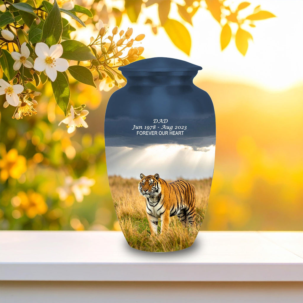 tiger wildlife cremation urn for human ashes, handmade aluminum memorial urn – photo 6