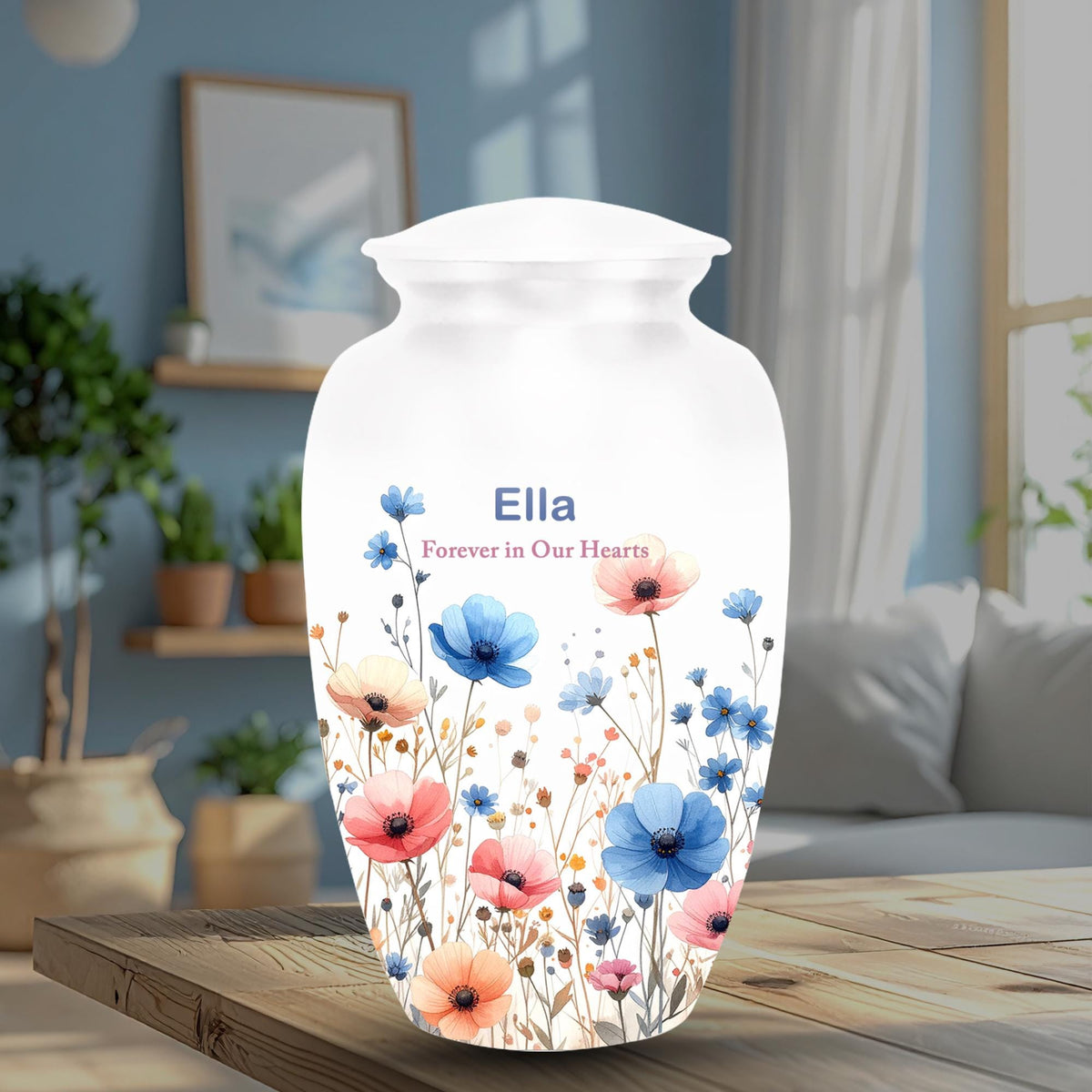 watercolor wildflower cremation urn for human ashes, handmade aluminum memorial urn – photo 5