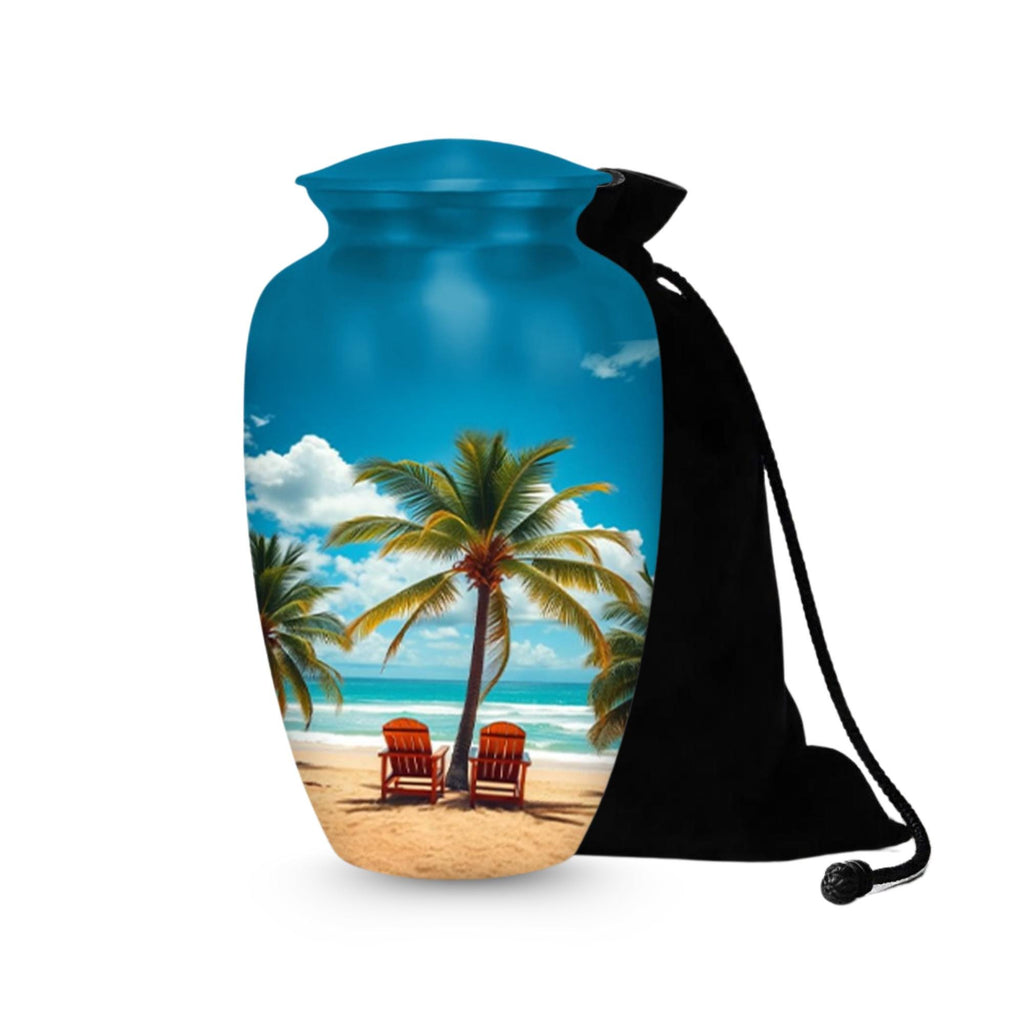 tropical beach palm tree cremation urn for human ashes, handmade aluminum memorial urn – photo 1