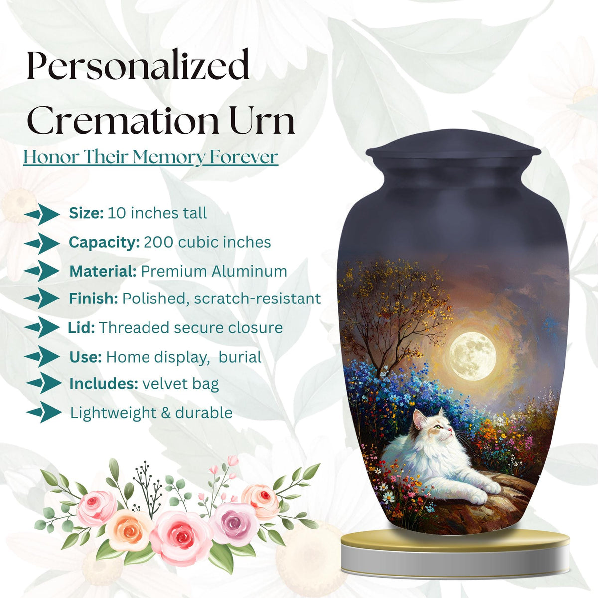 white cat moon floral cremation urn for pet ashes, handmade aluminum memorial urn – photo 2