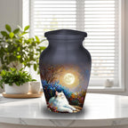 white cat moon floral cremation urn for pet ashes, handmade aluminum memorial urn – photo 5