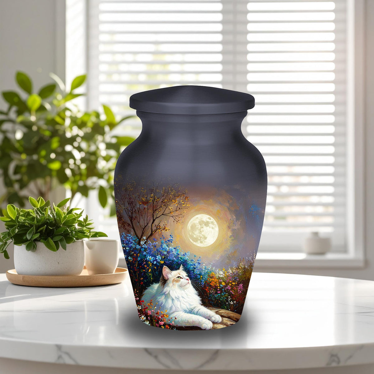 white cat moon floral cremation urn for pet ashes, handmade aluminum memorial urn – photo 5