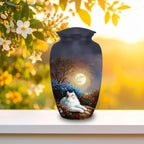 white cat moon floral cremation urn for pet ashes, handmade aluminum memorial urn – photo 4
