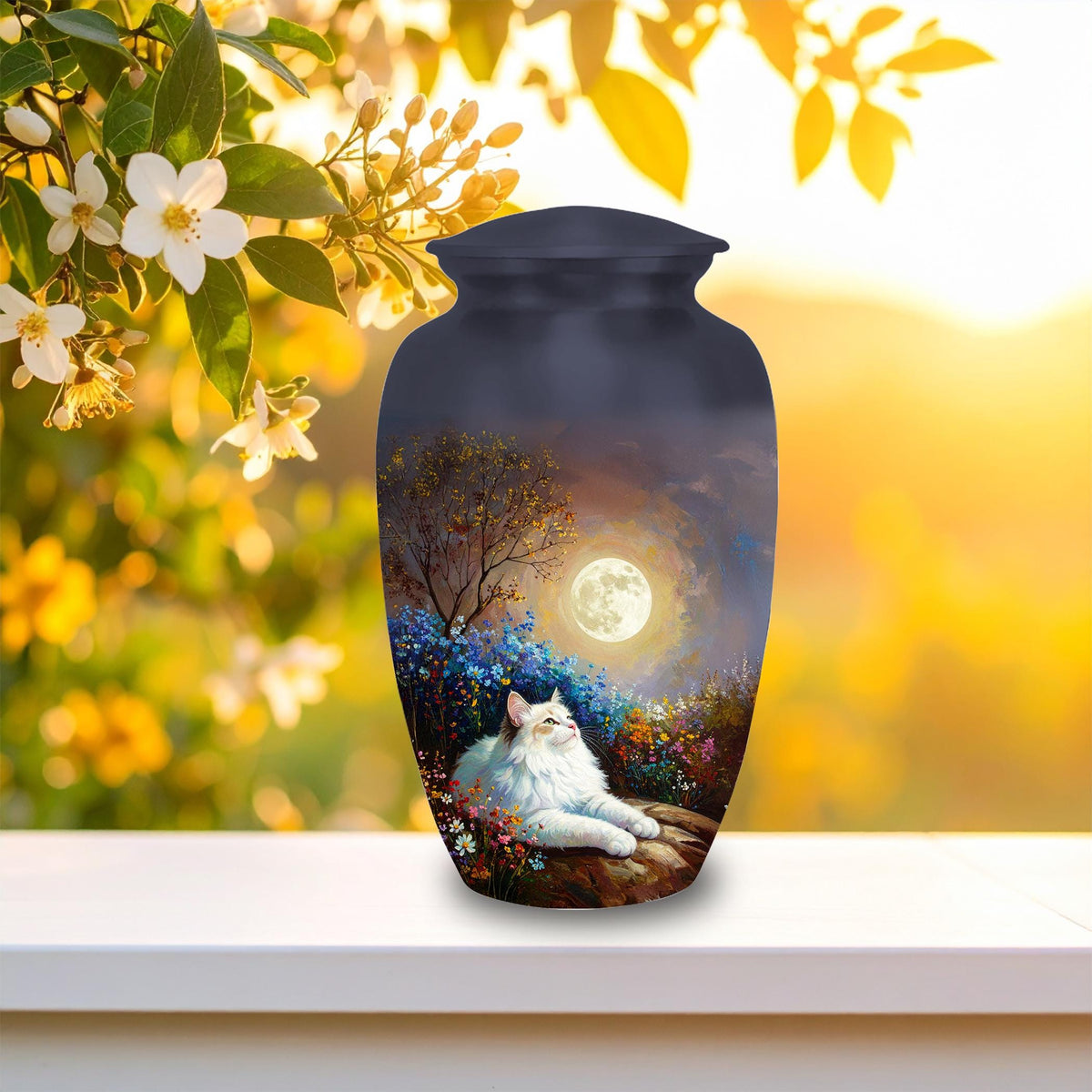 white cat moon floral cremation urn for pet ashes, handmade aluminum memorial urn – photo 4
