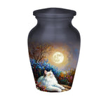 white cat moon floral cremation urn for pet ashes, handmade aluminum memorial urn – photo 9