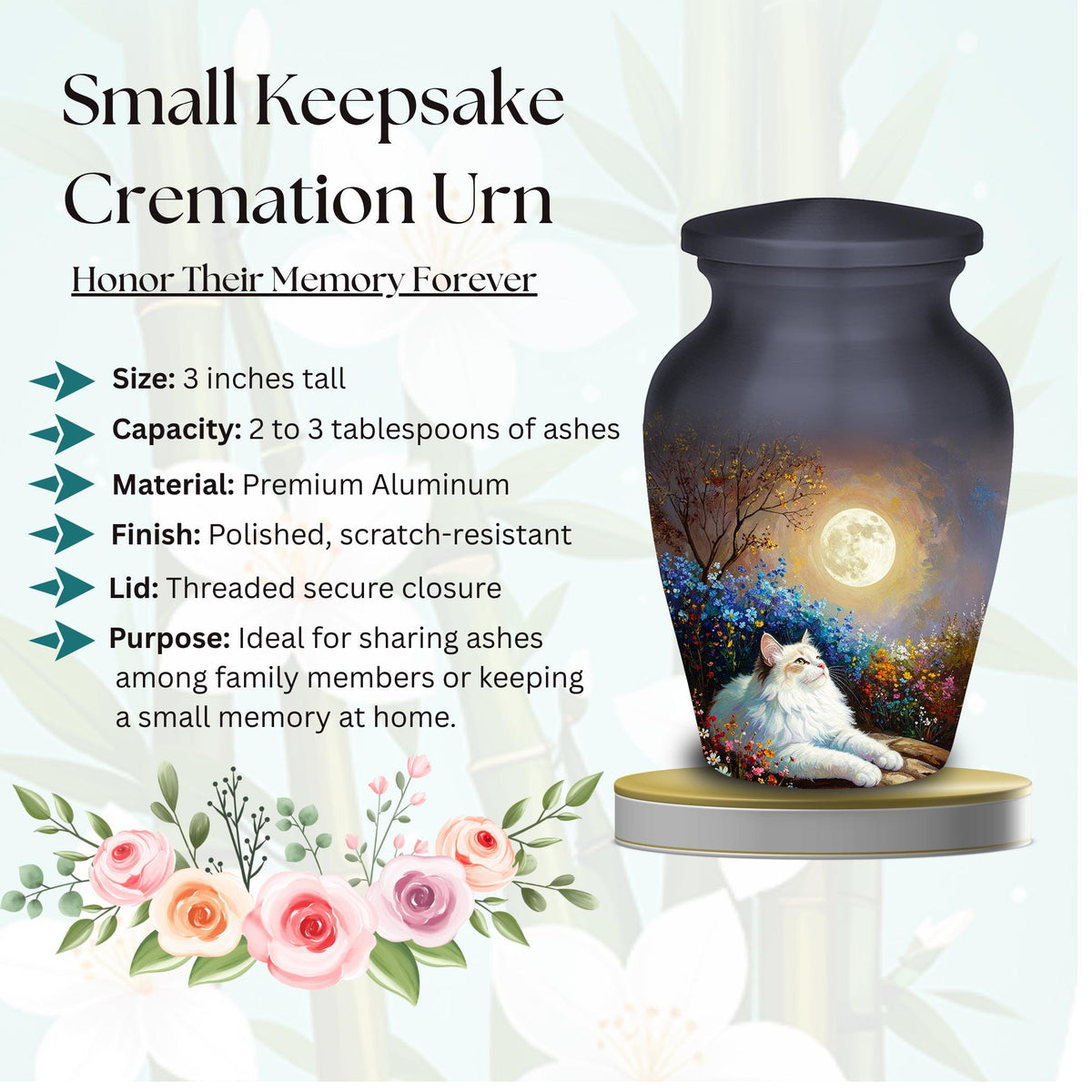 white cat moon floral cremation urn for pet ashes, handmade aluminum memorial urn – photo 8