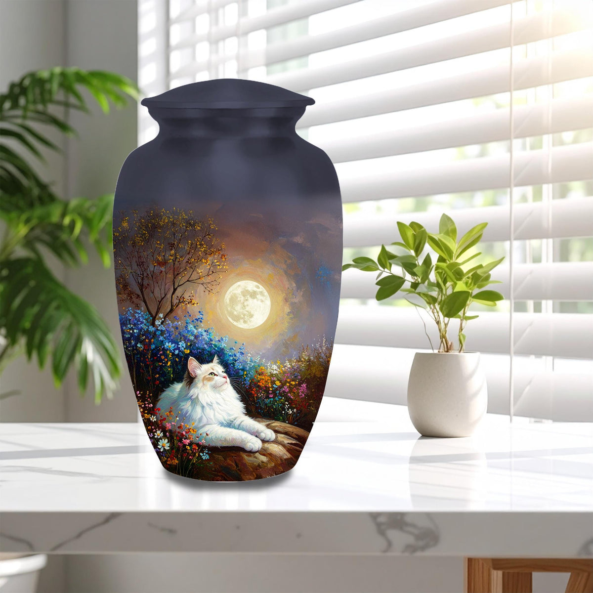 white cat moon floral cremation urn for pet ashes, handmade aluminum memorial urn – photo 10