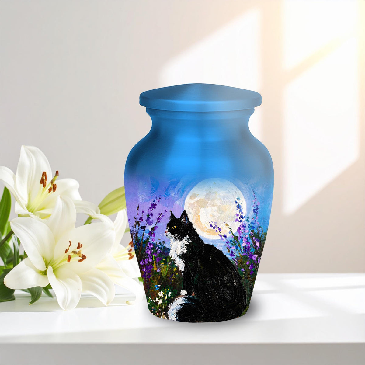 black cat lavender moon cremation urn for pet ashes, handmade aluminum memorial urn – photo 3