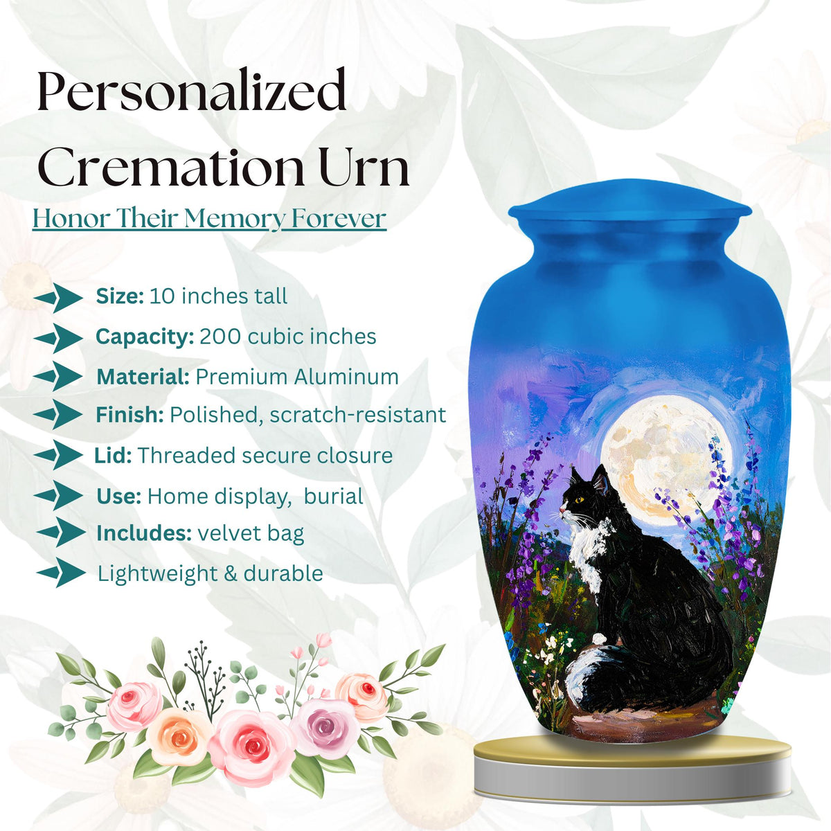 black cat lavender moon cremation urn for pet ashes, handmade aluminum memorial urn – photo 2