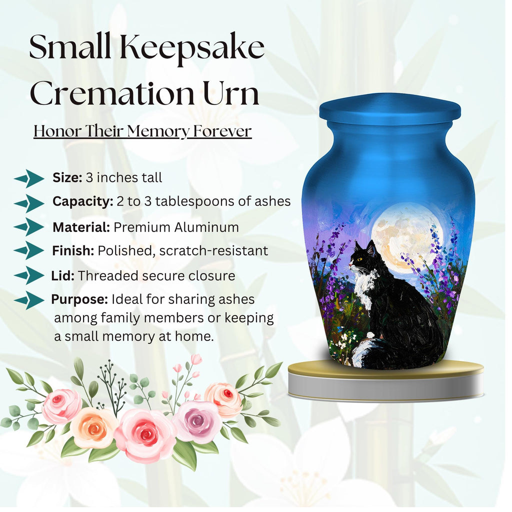 black cat lavender moon cremation urn for pet ashes, handmade aluminum memorial urn – photo 4