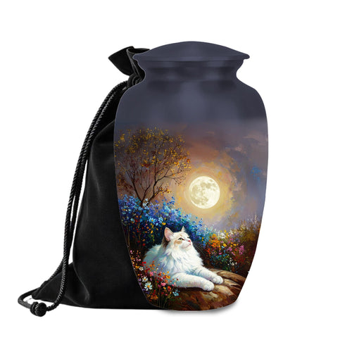white cat moon floral cremation urn for pet ashes, handmade aluminum memorial urn – photo 1