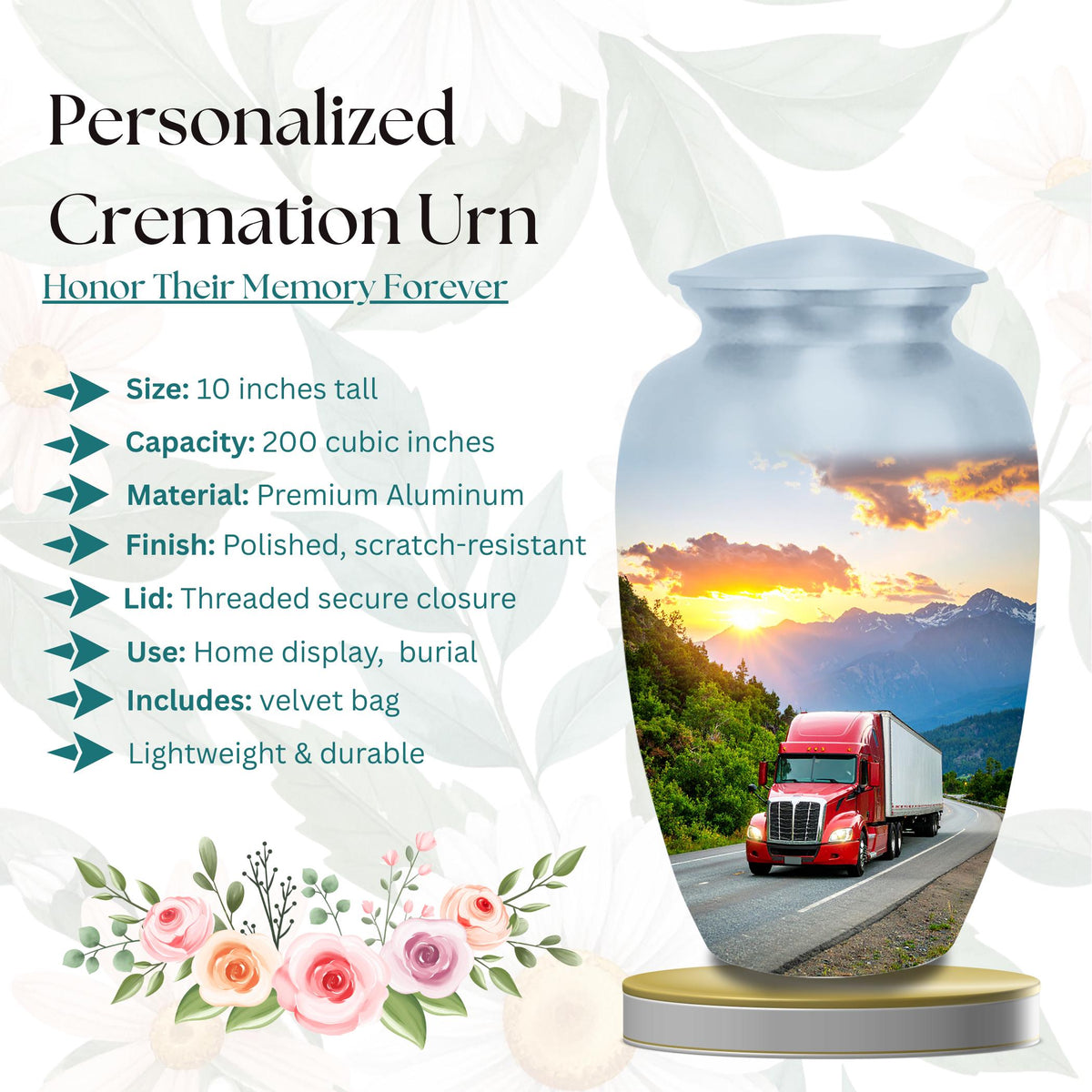 red truck driver cremation urn for human ashes, handmade aluminum memorial urn – photo 2