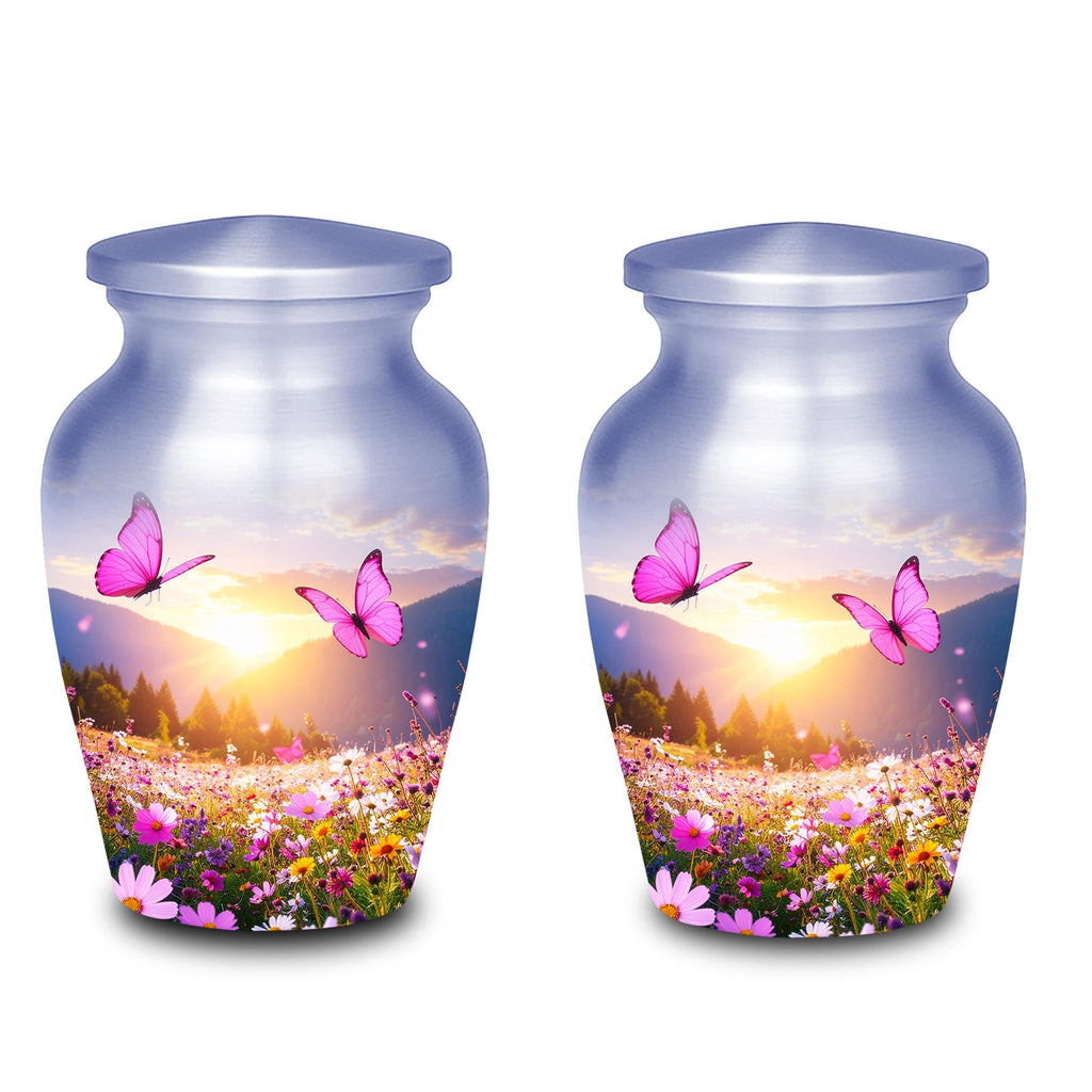 pink butterfly floral meadow cremation urn for human ashes, handmade aluminum memorial urn – photo 7