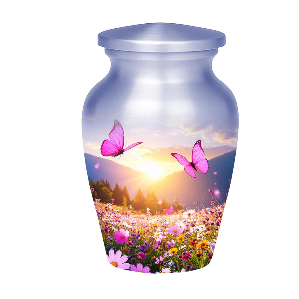 pink butterfly floral meadow cremation urn for human ashes, handmade aluminum memorial urn – photo 8