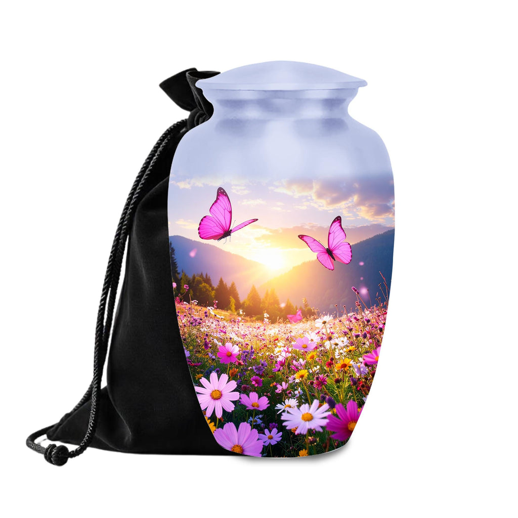 pink butterfly floral meadow cremation urn for human ashes, handmade aluminum memorial urn – photo 10
