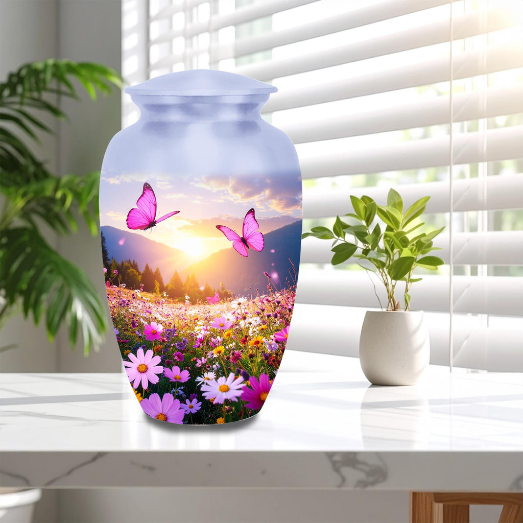 pink butterfly floral meadow cremation urn for human ashes, handmade aluminum memorial urn – photo 9