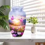 pink butterfly floral meadow cremation urn for human ashes, handmade aluminum memorial urn – photo 9