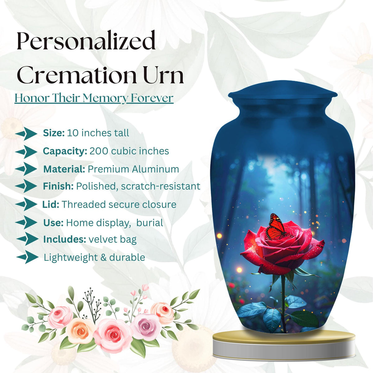 red rose butterfly cremation urn for human ashes, handmade aluminum memorial urn – photo 2