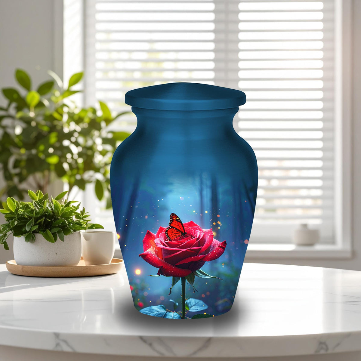 red rose butterfly cremation urn for human ashes, handmade aluminum memorial urn – photo 5