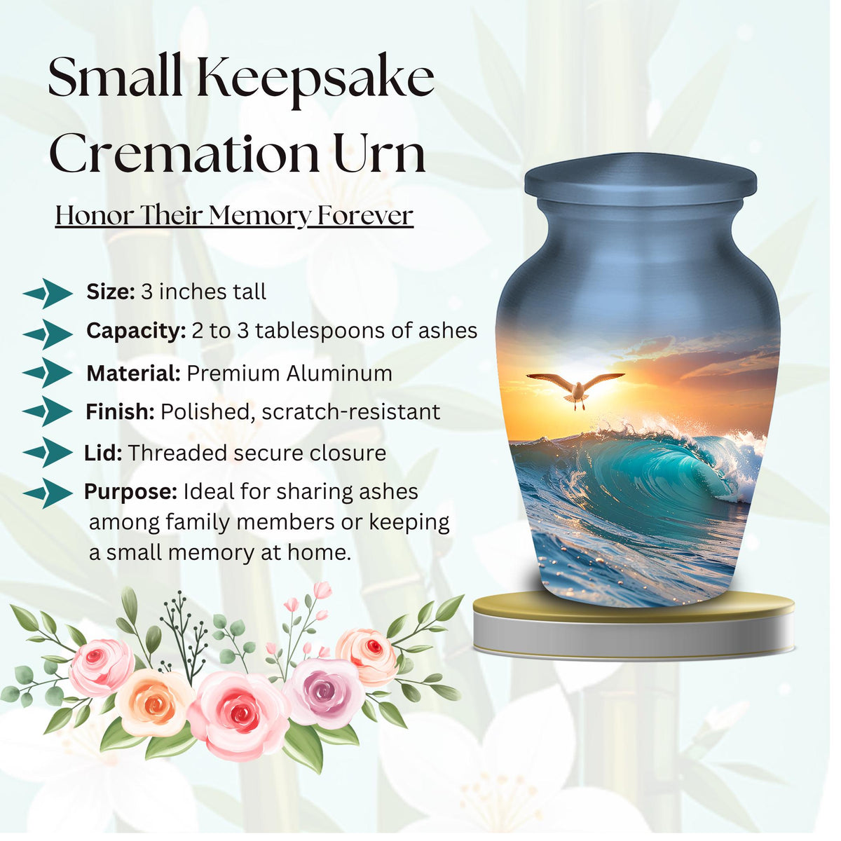 seagull ocean wave sunset cremation urn for human ashes, handmade aluminum memorial urn – photo 6