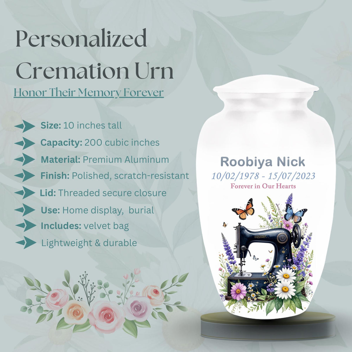 sewing machine floral cremation urn for human ashes, handmade aluminum memorial urn – photo 3
