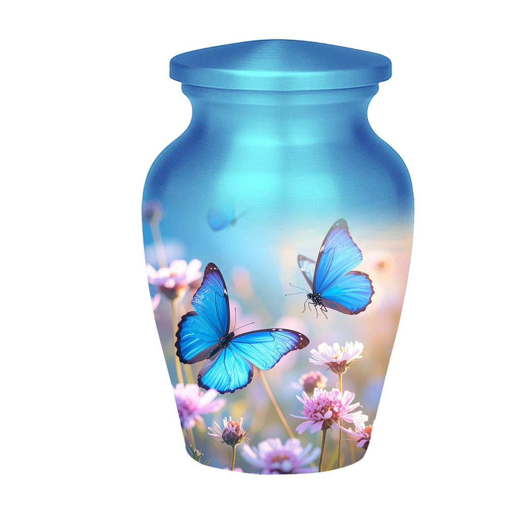 blue butterfly wildflower cremation urn for human ashes, handmade aluminum memorial urn – photo 8