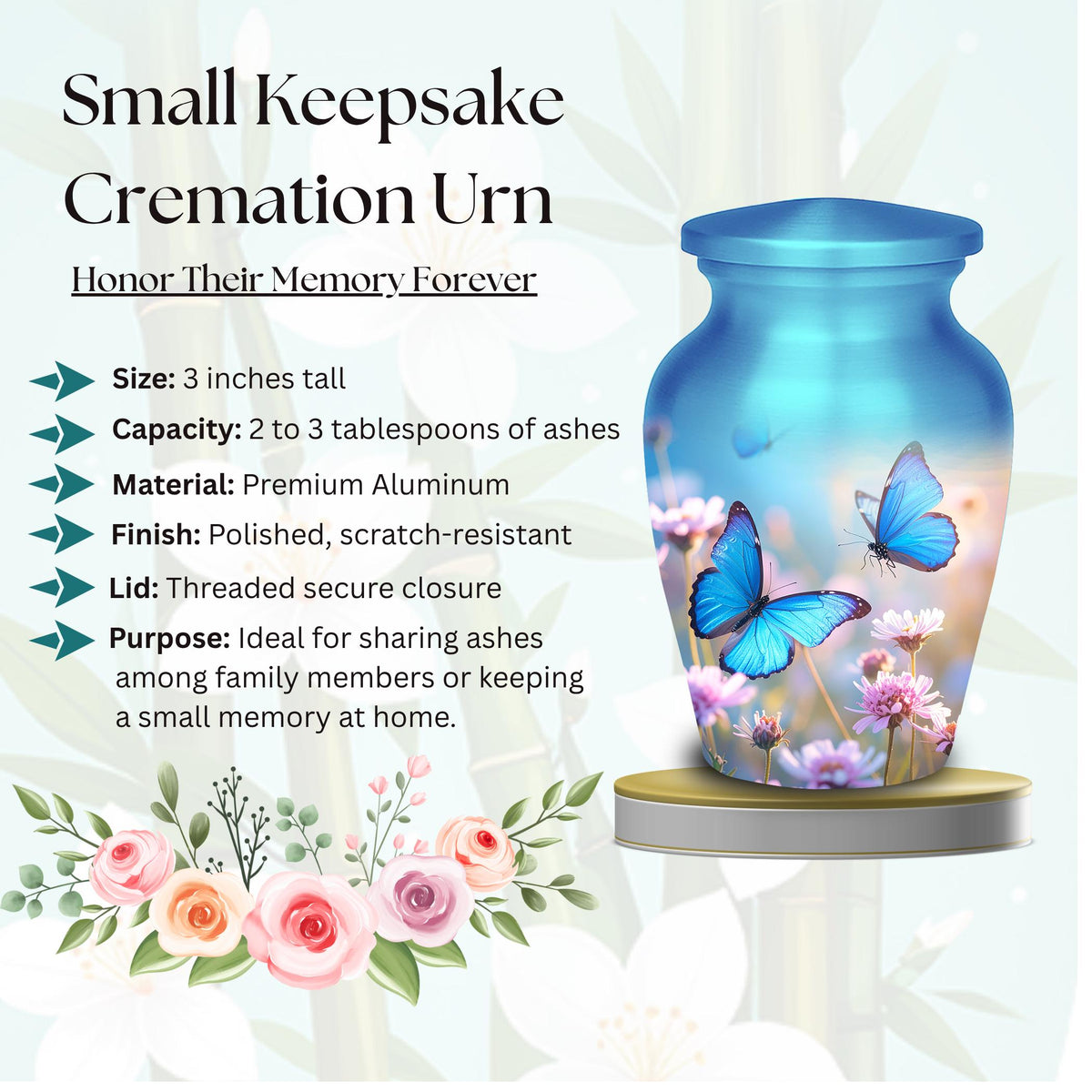 blue butterfly wildflower cremation urn for human ashes, handmade aluminum memorial urn – photo 6