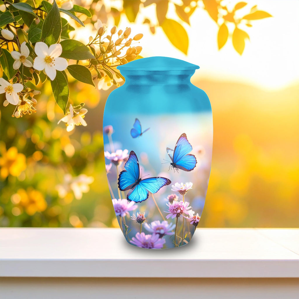 blue butterfly wildflower cremation urn for human ashes, handmade aluminum memorial urn – photo 4