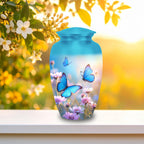 blue butterfly wildflower cremation urn for human ashes, handmade aluminum memorial urn – photo 4