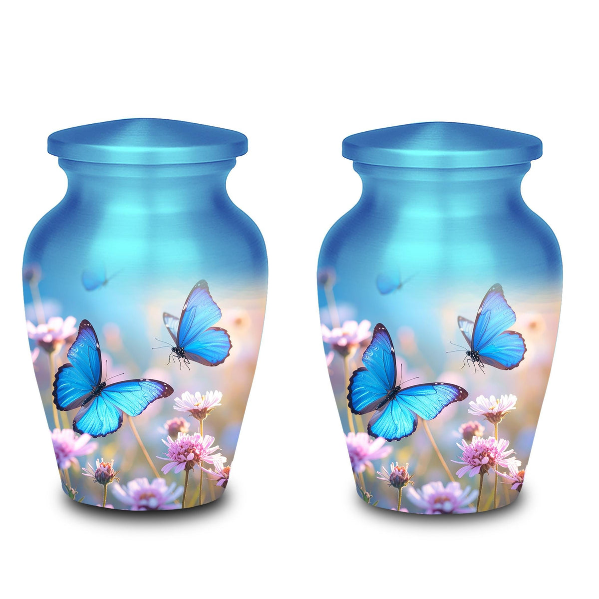 blue butterfly wildflower cremation urn for human ashes, handmade aluminum memorial urn – photo 7