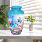 blue butterfly wildflower cremation urn for human ashes, handmade aluminum memorial urn – photo 10