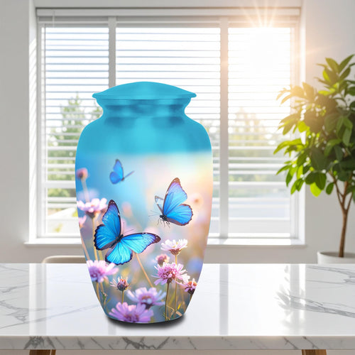blue butterfly wildflower cremation urn for human ashes, handmade aluminum memorial urn – photo 1