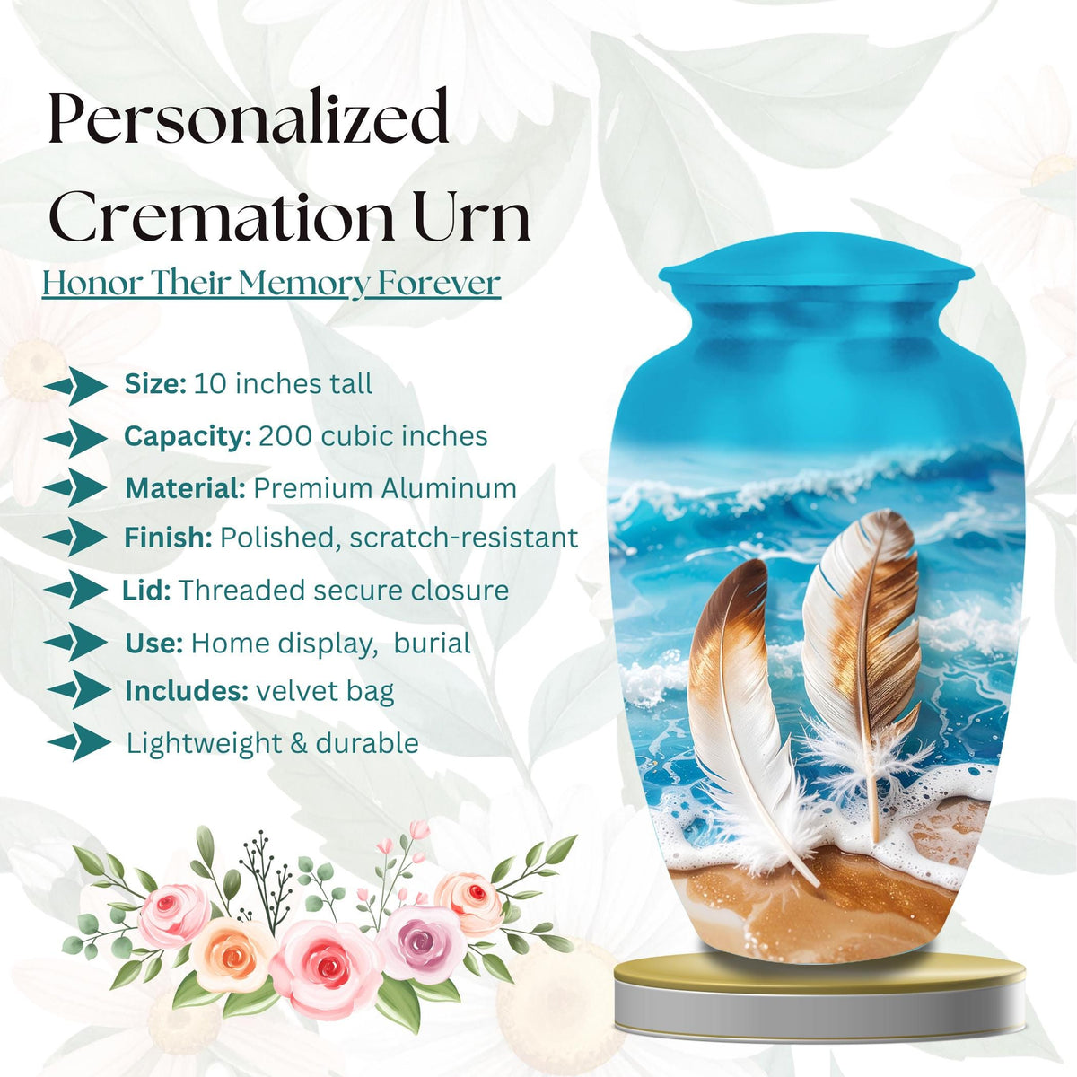 feather beach ocean cremation urn for human ashes, handmade aluminum memorial urn – photo 2