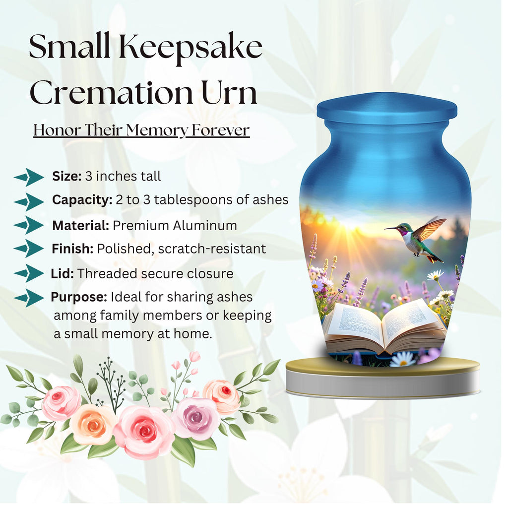 hummingbird open book meadow cremation urn for human ashes, handmade aluminum memorial urn – photo 4